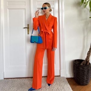 Zara Bold Orange Women's Suit with Blue Accents